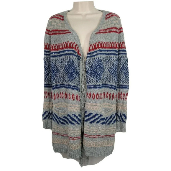 American Eagle Open Cardigan Sweater Fringe Women Size S Blue Grey Red Long Slv - Picture 1 of 6